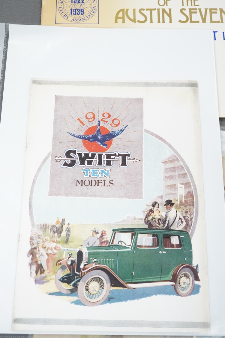 Five 1920s and 1930s motor car manufacturer’s brochures; the Morris Ten-Four and Twelve-Four Series II (produced 1934-48), the Morris Ten Series M (produced 1933-48), the 1929 Swift Ten, the 1930 Swift Ten and the New Au